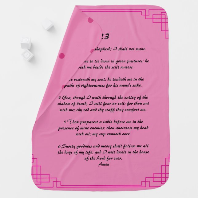 Psalm 23 pink border polka dots baby blanket (In Situ)