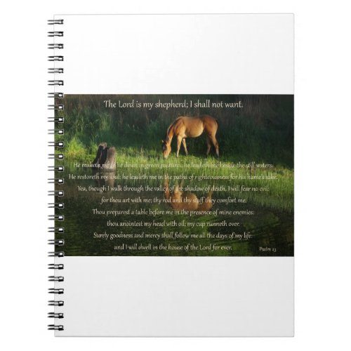 Psalm 23 text with horse beside still waters notebook