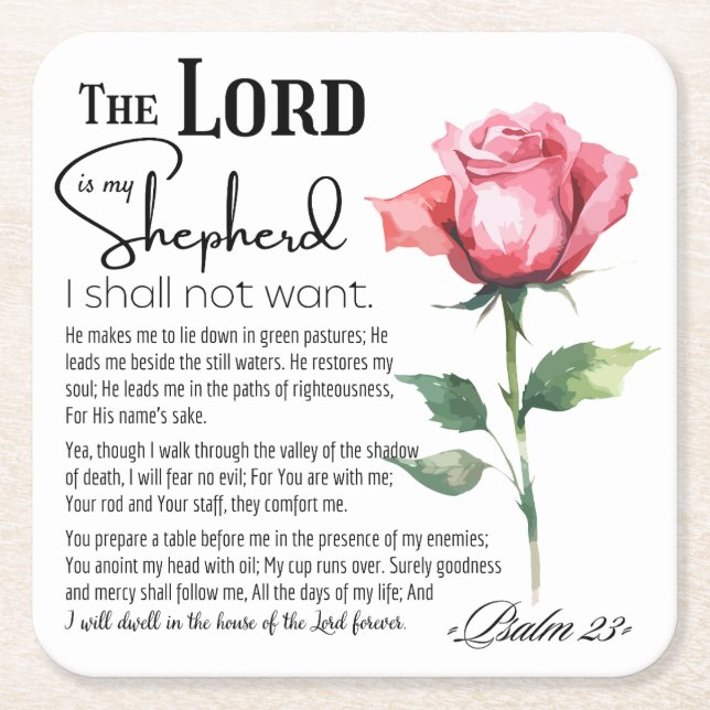 Psalm 23 The Lord is my Shepherd Flower Square Paper Coaster (Front)