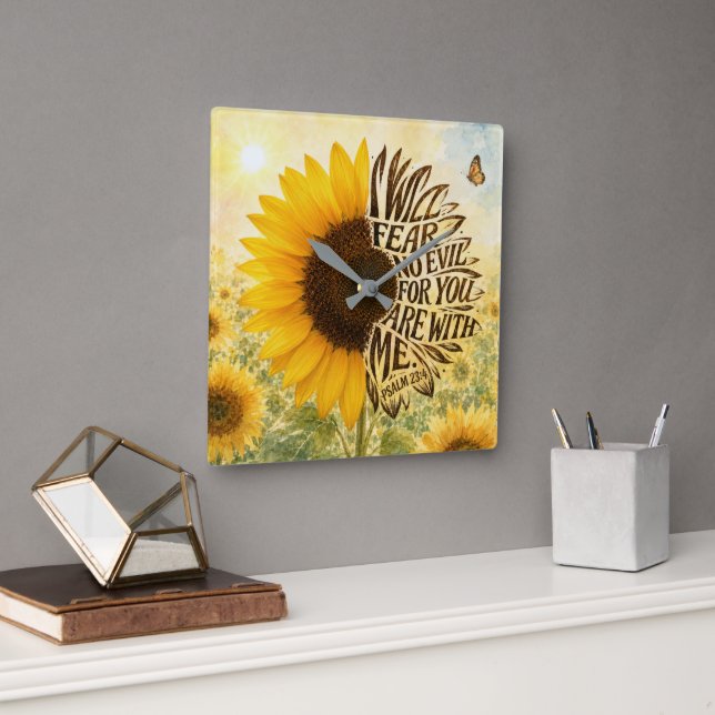Psalm 23 Verse 4 in Sunflower Square Wall Clock (Office)