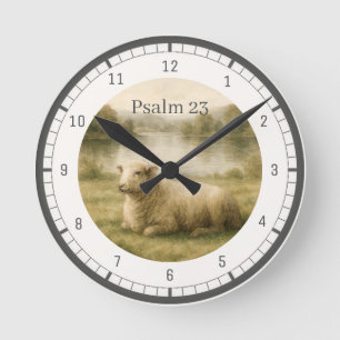Psalm 23 Watercolor Sheep Pastoral Faith Decor Round Clock