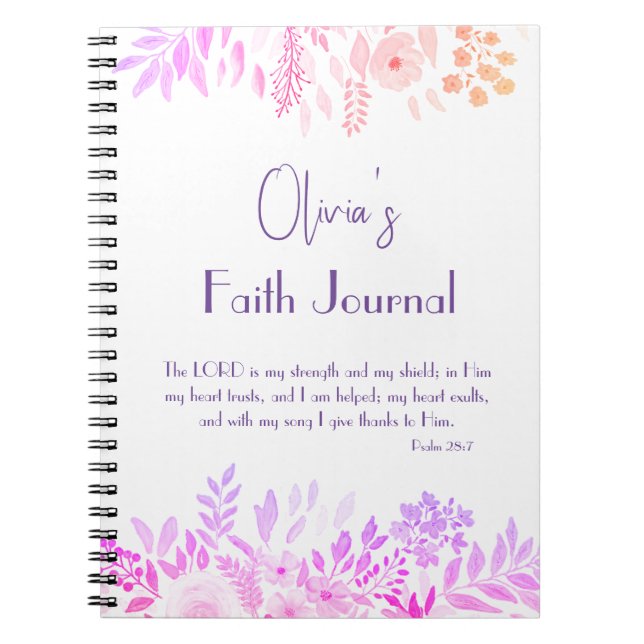 Psalm 28:7 Cheerful Pink Lilac Floral Faith Prayer Notebook (Front)