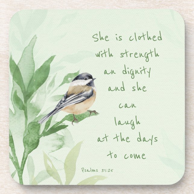 Psalm 31:25 She is clothed with Strength Scripture Beverage Coaster (Front)