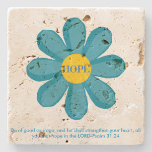 Psalm 31 Blue Hope Flower Travertine Coaster