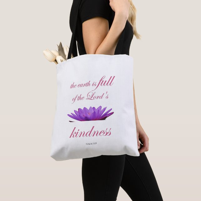 psalm 33 purple lotus kindness tote bag (Close Up)