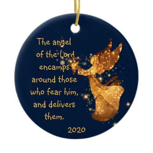 Psalm 34:7 Angel of the Lord Encamps Around  Squar Ceramic Ornament