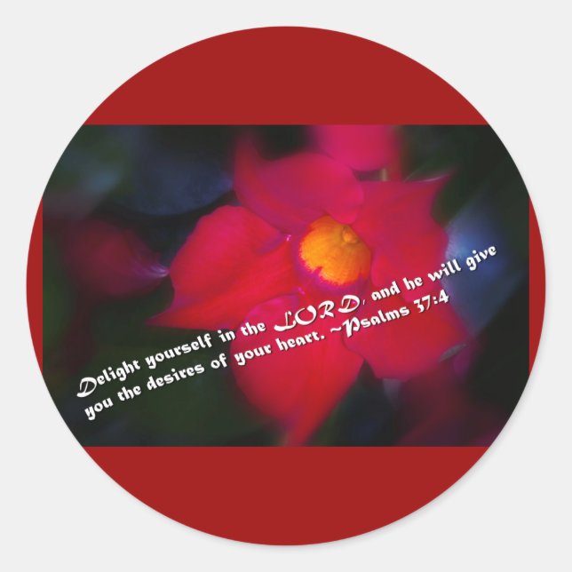 Psalm 37:4 Red Background Classic Round Sticker (Front)