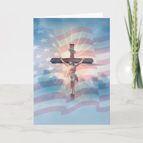 Psalm 40 Scripture Crucifix with American Flag Card