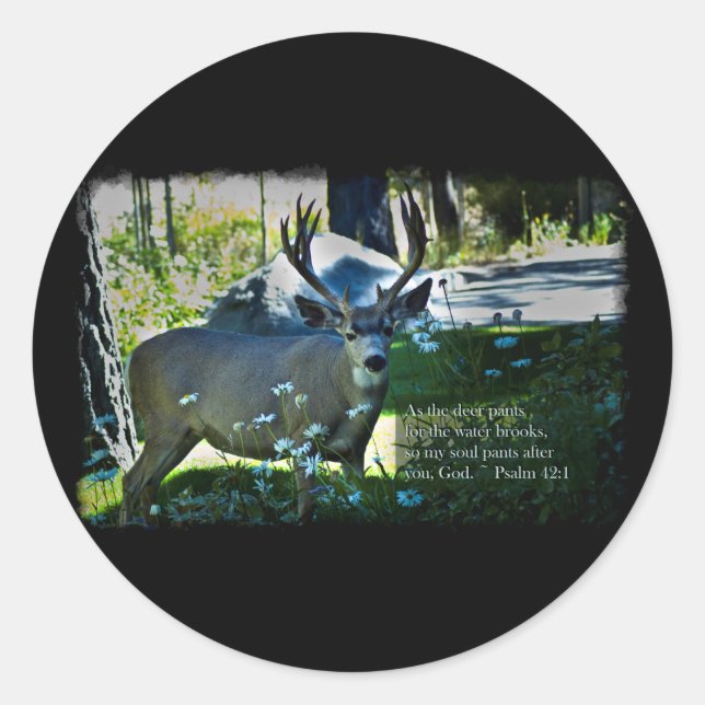 Psalm 42:1 and Deer Black Border Classic Round Sticker (Front)