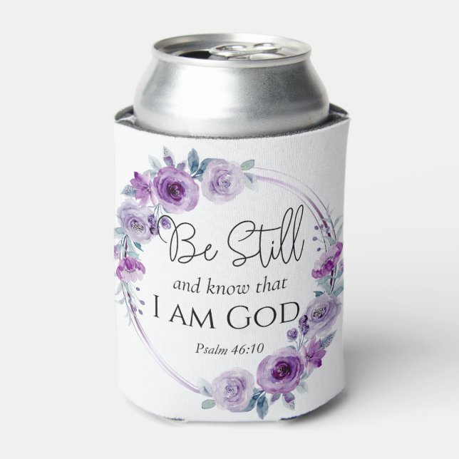 Psalm 46:10 Be Still and Know Bible Purple Floral Can Cooler (Can Front)