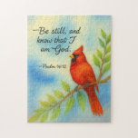 Psalm 46:10 Be Still Red Cardinal Scripture Nature Jigsaw Puzzle<br><div class="desc">A peaceful nature-inspired Scripture design featuring Psalm 46:10 — “Be still,  and know that I am God.” A vibrant red cardinal resting on a branch with soft sky-toned background creates a calming reminder of God’s presence,  peace,  and faithfulness. Perfect for meaningful Christian gifts and everyday encouragement.</div>