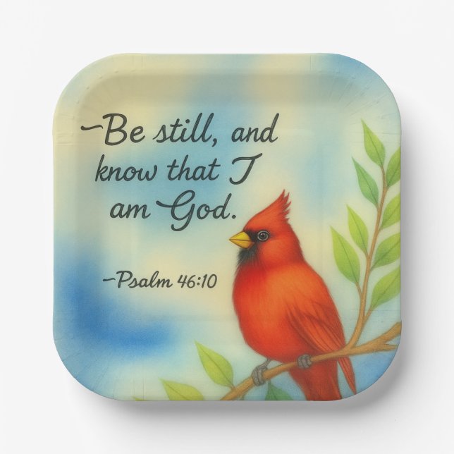 Psalm 46:10 Be Still Red Cardinal Scripture Nature Paper Plates (Front)