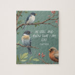 Psalm 46:10 Christian Bible Verse Image  Jigsaw Puzzle<br><div class="desc">This serene artwork beautifully embodies the essence of Psalm 46:10, "Be still, and know that I am God." In the foreground, three vibrant birds perch gracefully on tree limbs, symbolizing peace and tranquility. Their presence invites viewers to pause and reflect on God's majesty and care for creation. The distant, softly...</div>