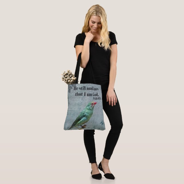 Psalm 46:10 Verse and Australian Star Finch Tote Bag (On Model)
