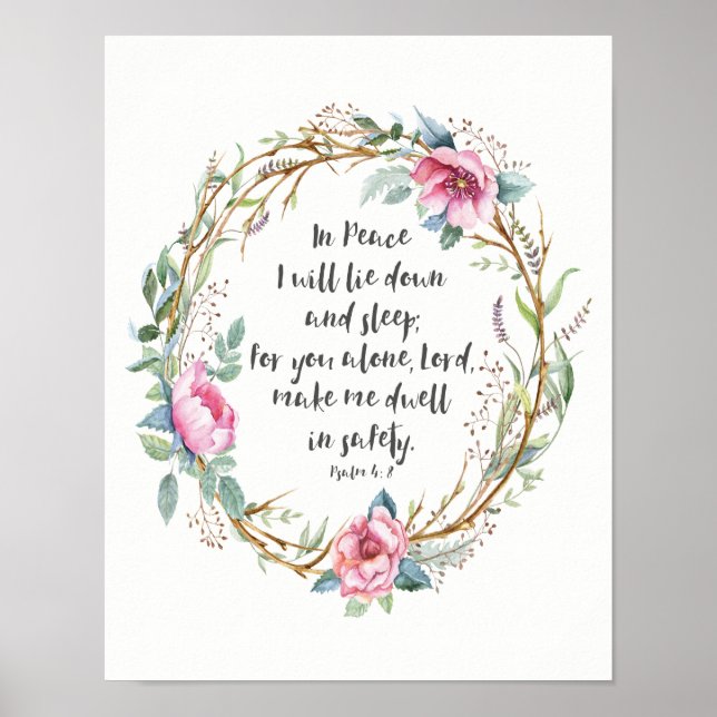 Psalm 4:8 Watercolor Wreath Poster (Front)