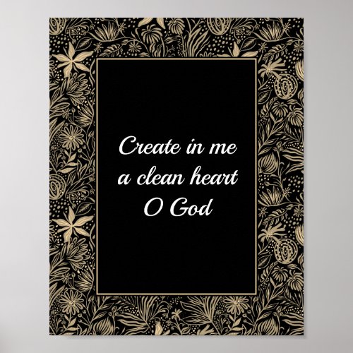 Psalm 51 Custom Floral Pale Gold Black Bathroom Poster