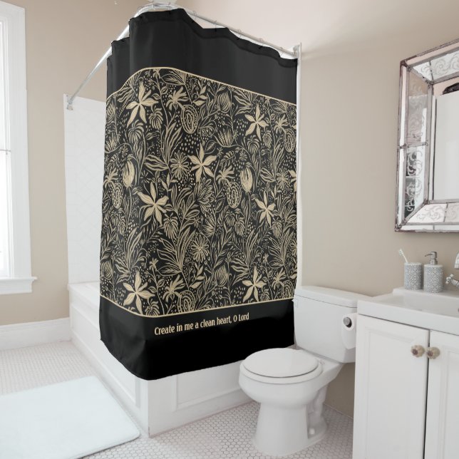 Psalm 51 Customizable Pale Gold Floral Black Shower Curtain (In Situ)