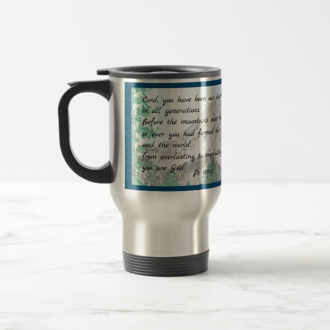 Psalm 90 Watercolor Mountain Travel Mug (Left)