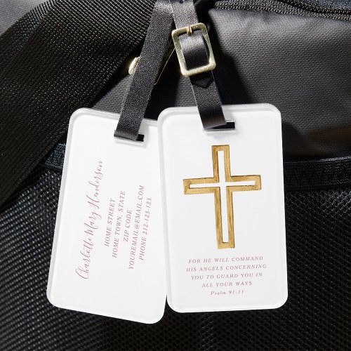 Psalm 9111 Bible Verse Religious Cross Pink Scrip Luggage Tag