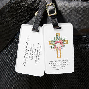 Psalm 91:11 Bible Verse Religious Peonies Cross Luggage Tag