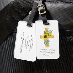 Psalm 91:11 Bible Verse Religious Sunflowers Cross Luggage Tag