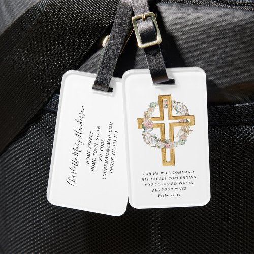 Psalm 9111 Bible Verse Religious Wreath Cross  Luggage Tag