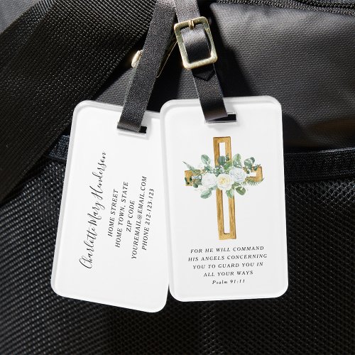 Psalm 9111 Bible Verse White Peony Floral Cross  Luggage Tag