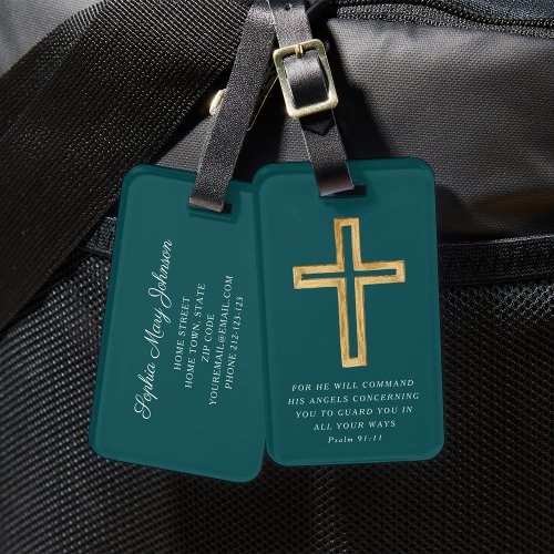 Psalm 9111 Blessed Travel Green Religious Cross Luggage Tag