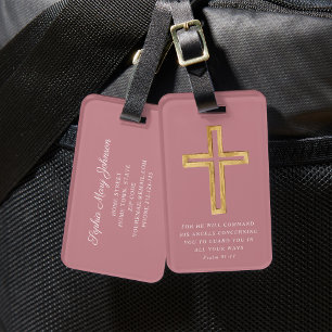 Psalm 91:11 Blessed Travel Pink Religious Cross Luggage Tag