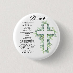 Psalm 91:1-2 Religious Cross Greenery Bible Verse Button