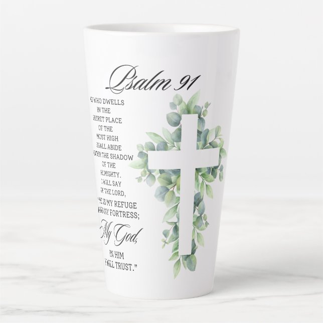 Psalm 91:1-2 Religious Cross Greenery Bible Verse Latte Mug (Front)