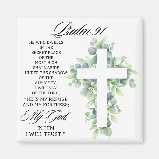 Psalm 91:1-2 Religious Cross Greenery Bible Verse Magnet (Front)