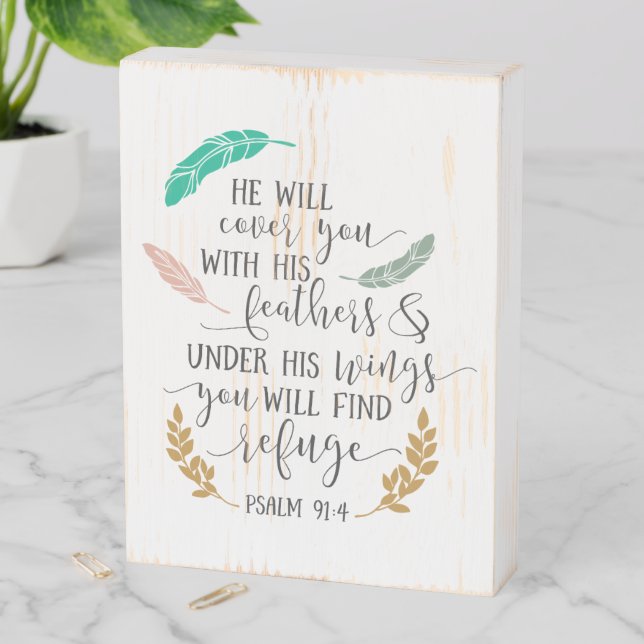 Psalm 91:4 He will cover you with His feathers Wooden Box Sign (In Situ Vertical)