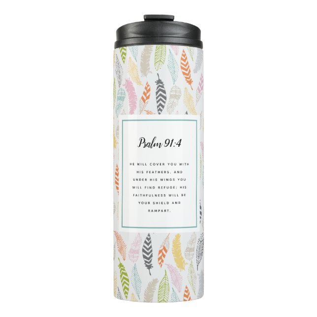 Psalm 91:4 Scripture and Feather Design Thermal Tumbler (Front)