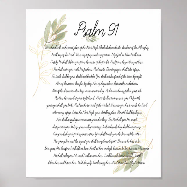 Psalm 91 Bible Art Soft Green Leaves Christian Poster | Zazzle
