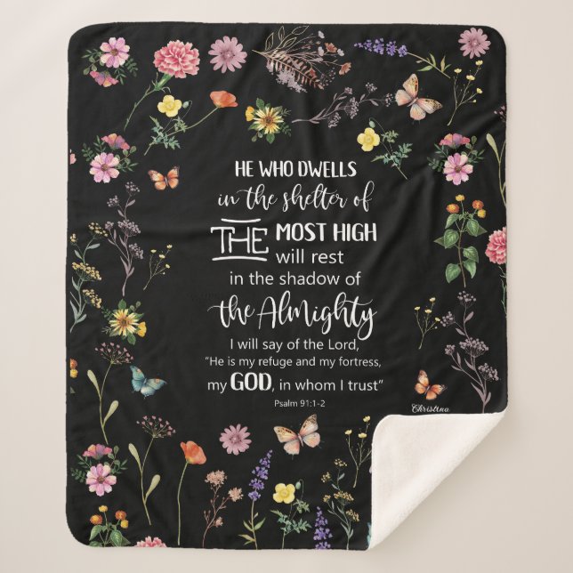 Psalm 91 Bible Verse Wild Flowers Sherpa Blanket (Front)