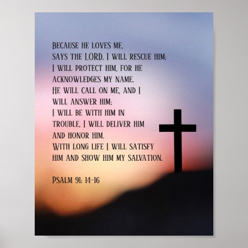 Psalm 91 black cross on the hill in the sunset poster