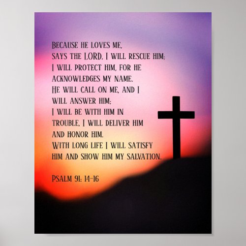 Psalm 91 black cross on the hill in the sunset poster