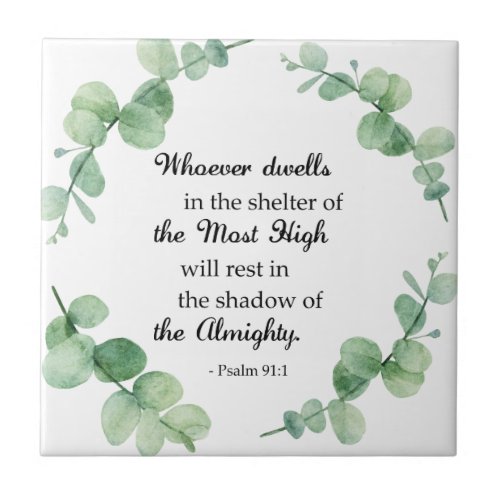 Psalm 91 Christian faith eucalyptus wreath Bible Ceramic Tile