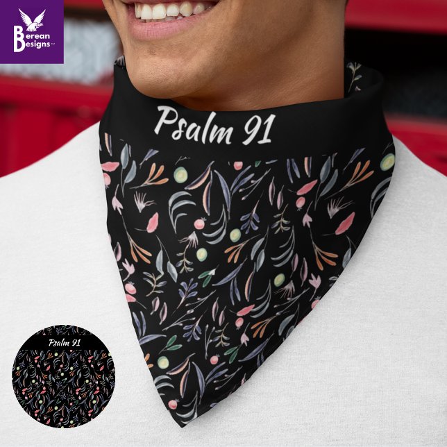 PSALM 91 Dark Floral Christian Bandana (Psalm 91 black floral Christian bandana with CUSTOMIZABLE TEXT. Great gift for Christians.)