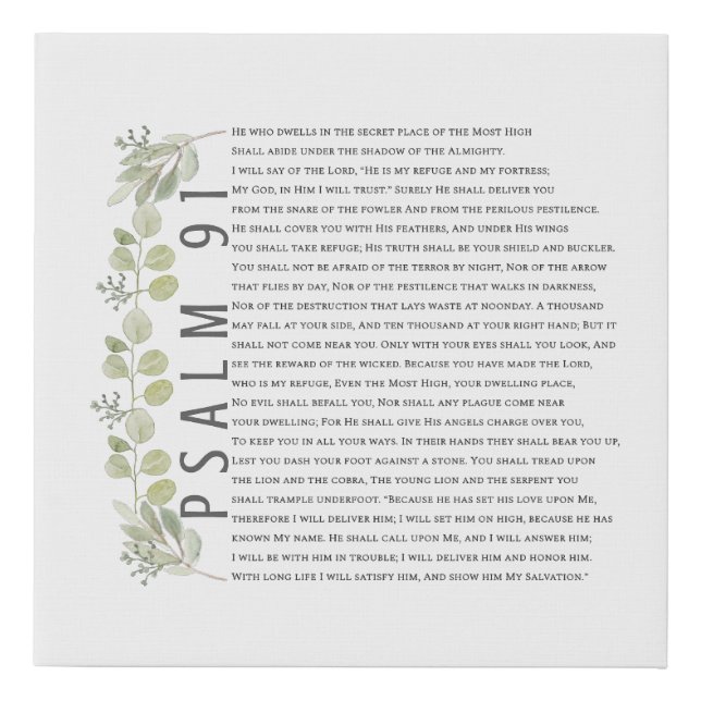 Psalm 91 Eucalyptus Greenery Scripture Bible Art Faux Canvas Print (Front)