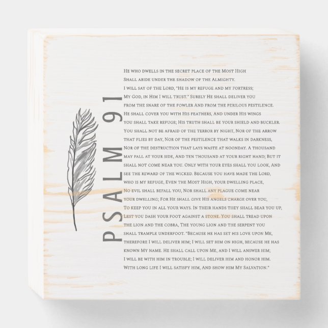 Psalm 91 Modern Black White Feather Bible Art Wooden Box Sign (Front Horizontal)