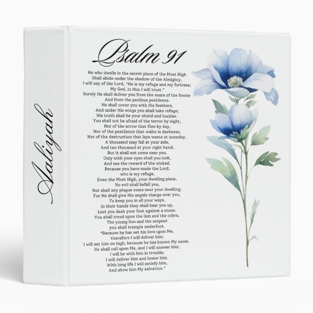 Psalm 91 Personalized Blue Flower Bible Scriptures 3 Ring Binder (Front/Spine)