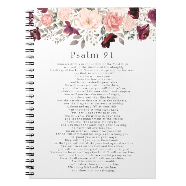 Psalm 91 Scripture Burgundy Blush Floral Notebook (Front)