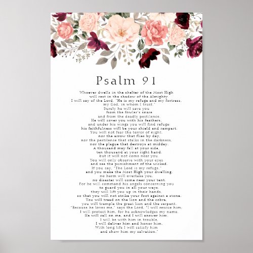 Psalm 91 Scripture Burgundy Blush Floral Poster
