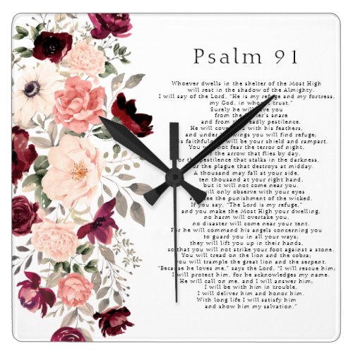 Psalm 91 Scripture Burgundy Blush Floral Square Wall Clock