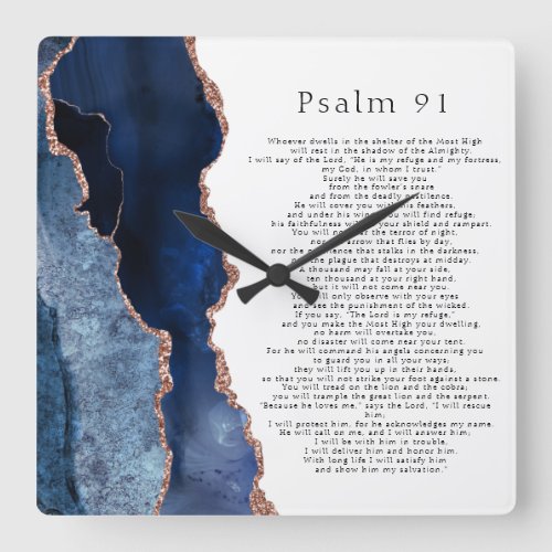 Psalm 91 Scripture Navy Blue Rose Gold Geode Square Wall Clock