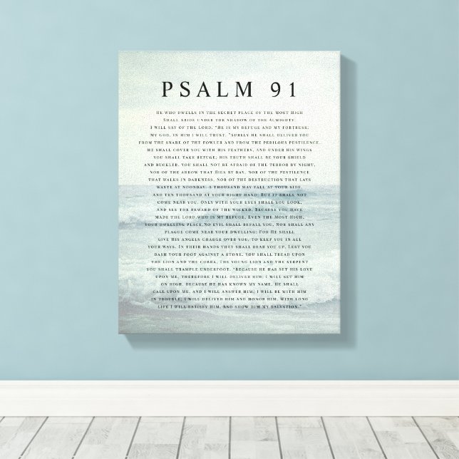 Psalm 91 Scripture Soft Aqua Blue Calm Beach Canvas Print (Insitu(Wood Floor))