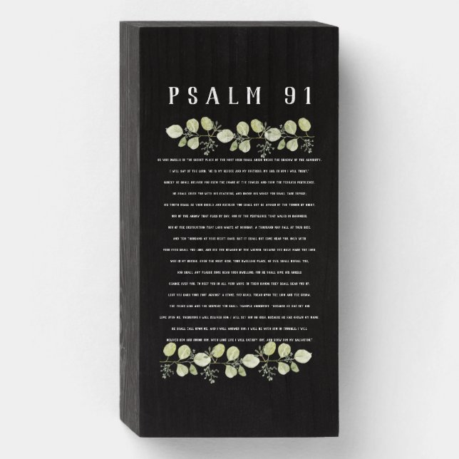 Psalm 91 Soft Green Eucalyptus Leaves Black  Wooden Box Sign (Front Vertical)