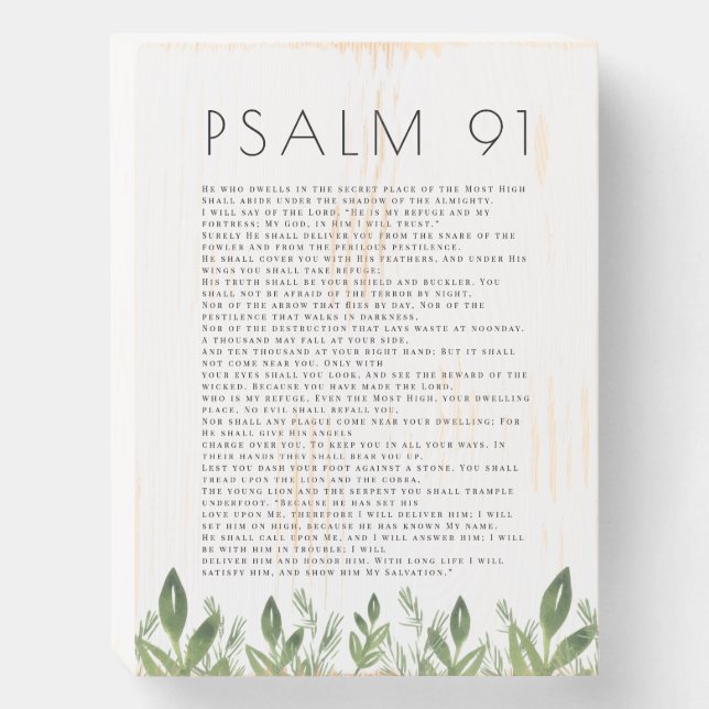Psalm 91 Soft Greenery Leaves Bible Verse Wooden B Wooden Box Sign (Front Vertical)